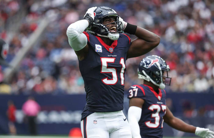 Texans defensive end Will Anderson Jr. reacts after a play during the third quarter against the New Orleans Saints at NRG Stadium.